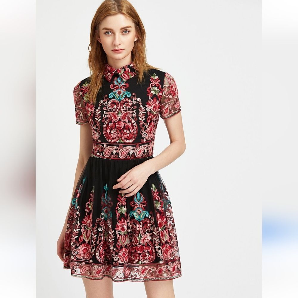 Shein Black Embroidered Mesh Overlay Skater Dress sz Large